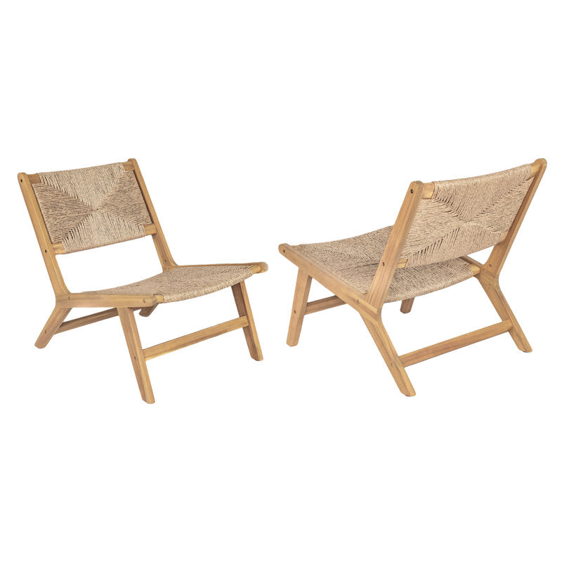 2 teak acacia wood outdoor lounge chairs w/ wicker seats