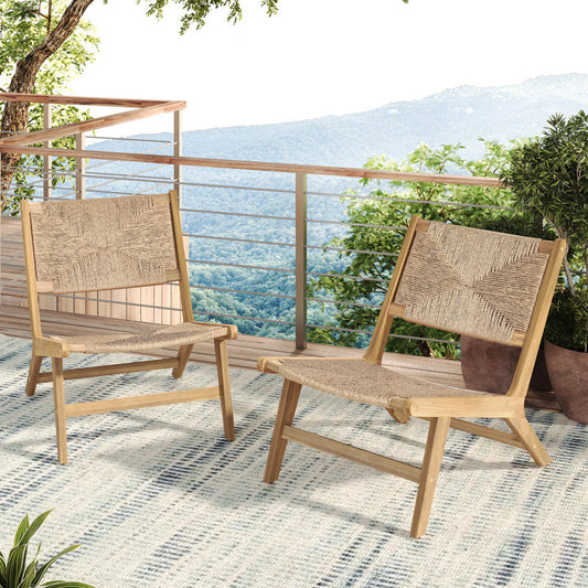 2 teak acacia wood outdoor lounge chairs w/ wicker seats