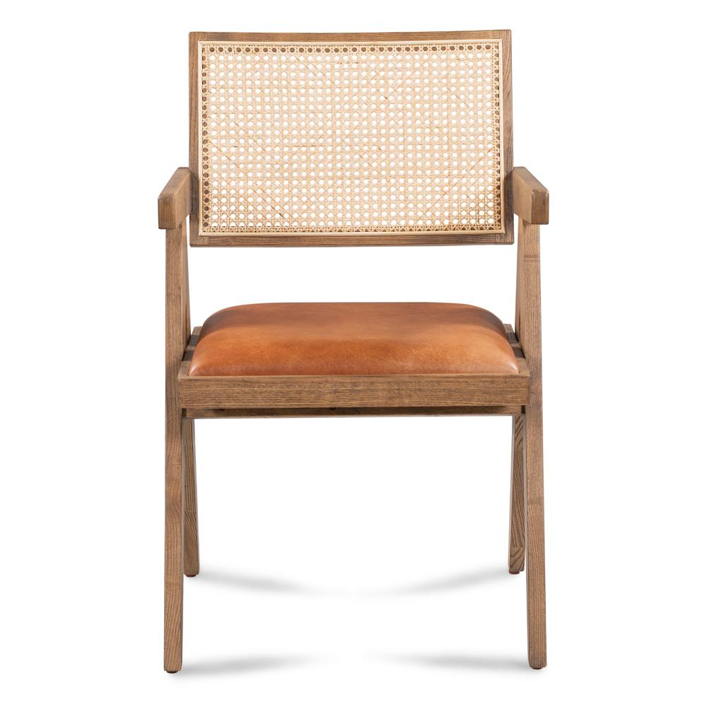 Tan leather armchair w/ cane rattan back